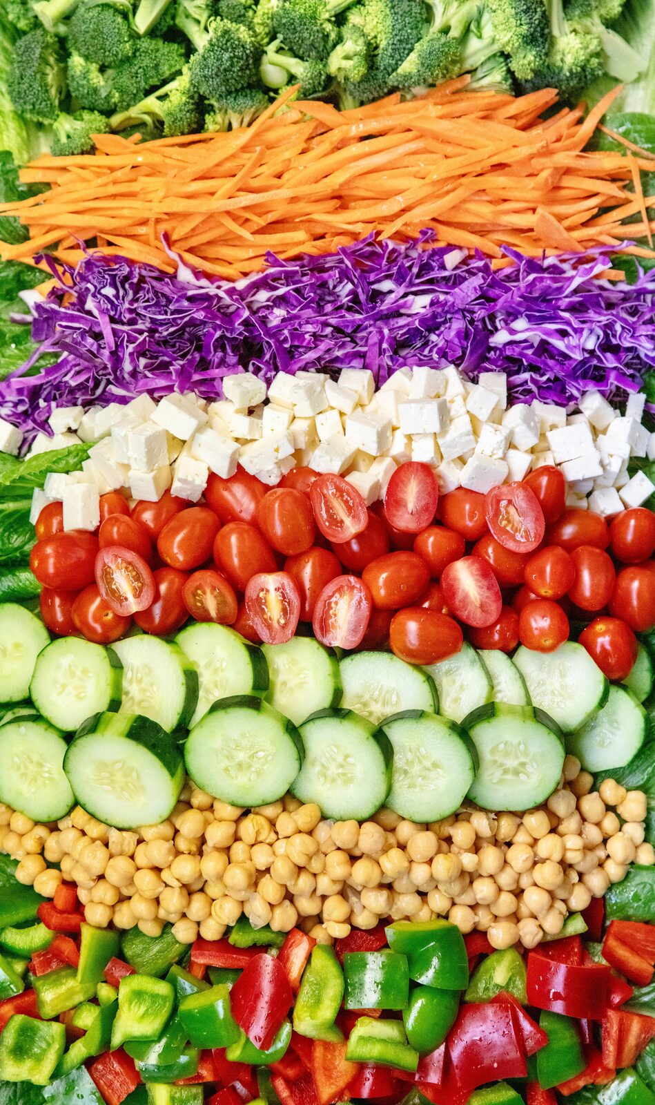 Salad bar toppings including broccoli, carrots, red cabbage, feta and tomatoes